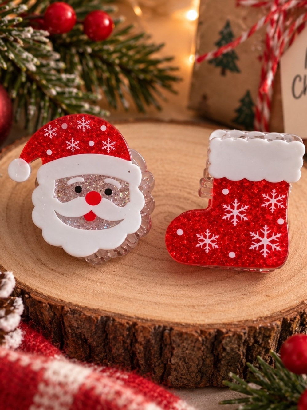 Santa & Christmas Stocking Mini Claw Clip Set New